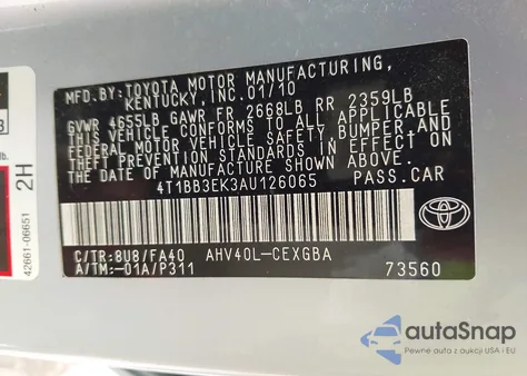 2010 Toyota Camry Hybrid from USA, damaged, VIN 4T1BB3EK3AU126065